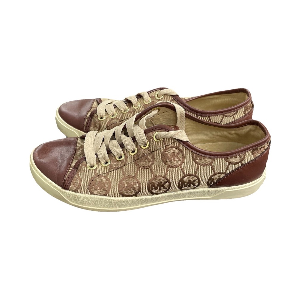 Michael Kors Womens MK Monogram Logo Low Top Sneakers Brown Tan Leather Trim - Picture 1 of 9